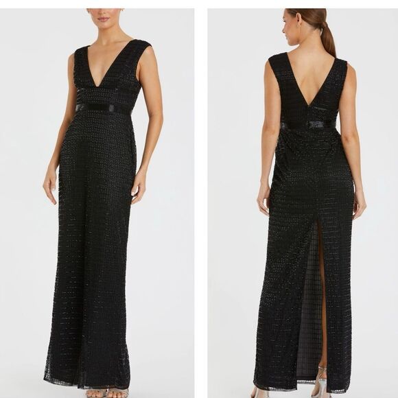 NWT‎ MAC DUGGAL Black Beaded Cap Sleeve V Neck Column Gown size 8 - Picture 1 of 15